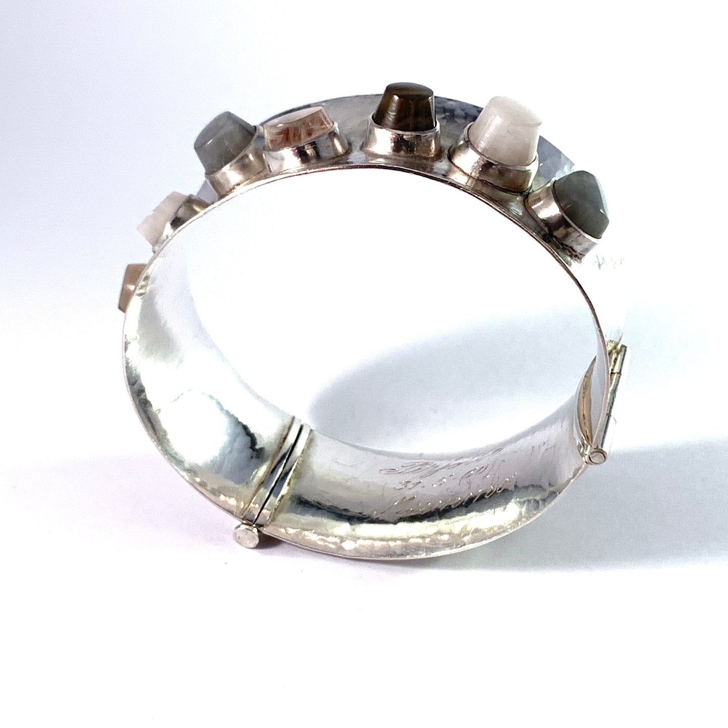 Pirkan Kulta, Finland 1959. Bold Vintage Sterling Silver Quartz Stones Bangle Bracelet.