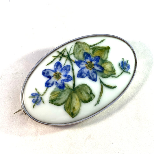 M Olofsson, Sweden year 1918. Large Antique Solid Silver Painted Porcelain Brooch.