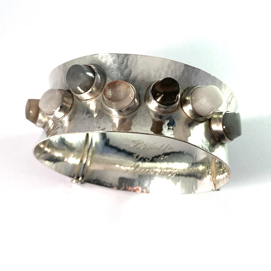 Pirkan Kulta, Finland 1959. Bold Vintage Sterling Silver Quartz Stones Bangle Bracelet.