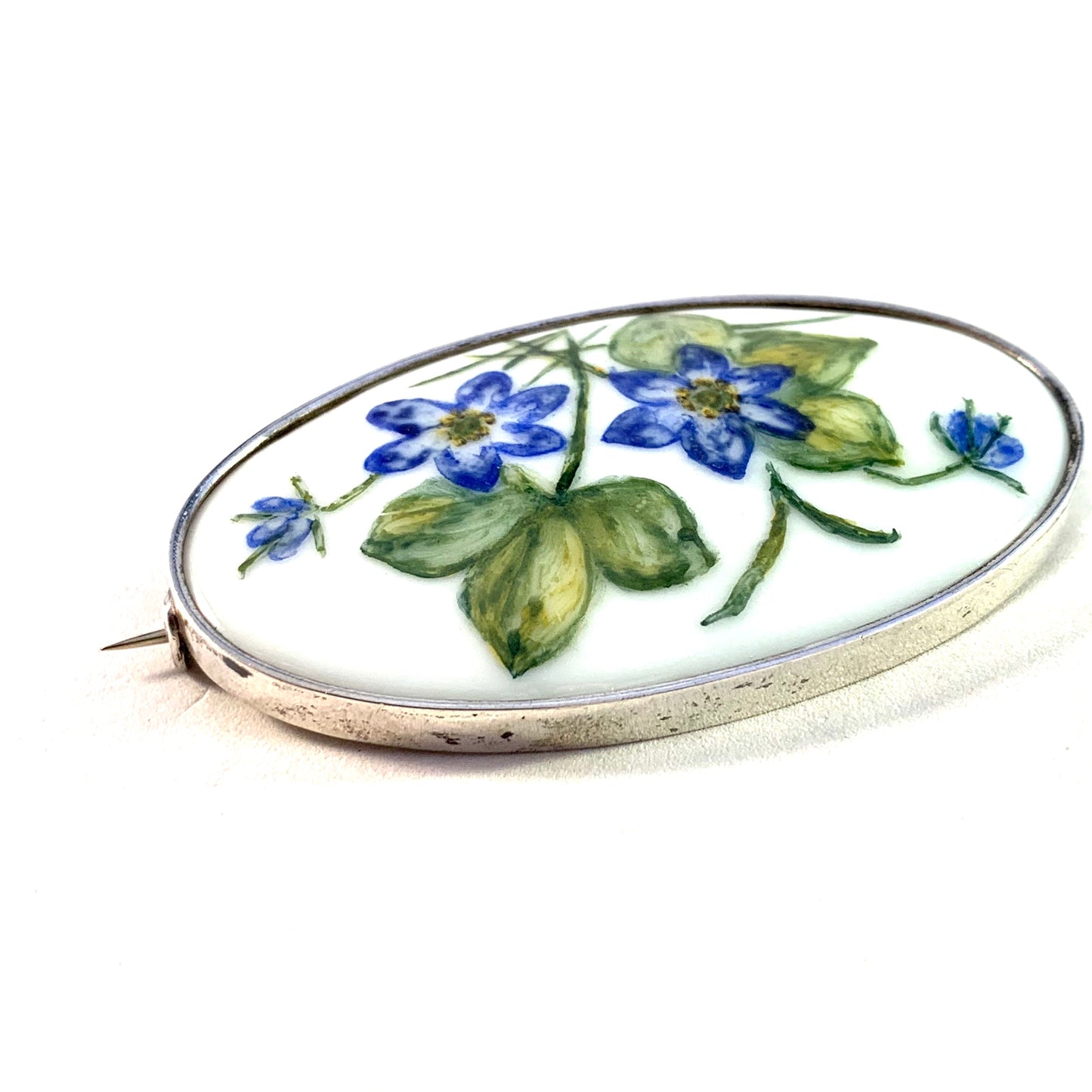 M Olofsson, Sweden year 1918. Large Antique Solid Silver Painted Porcelain Brooch.