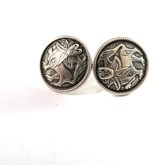 Kalevala Koru, Finland Vintage Sterling Silver Stud Earrings. "Sun Lion"