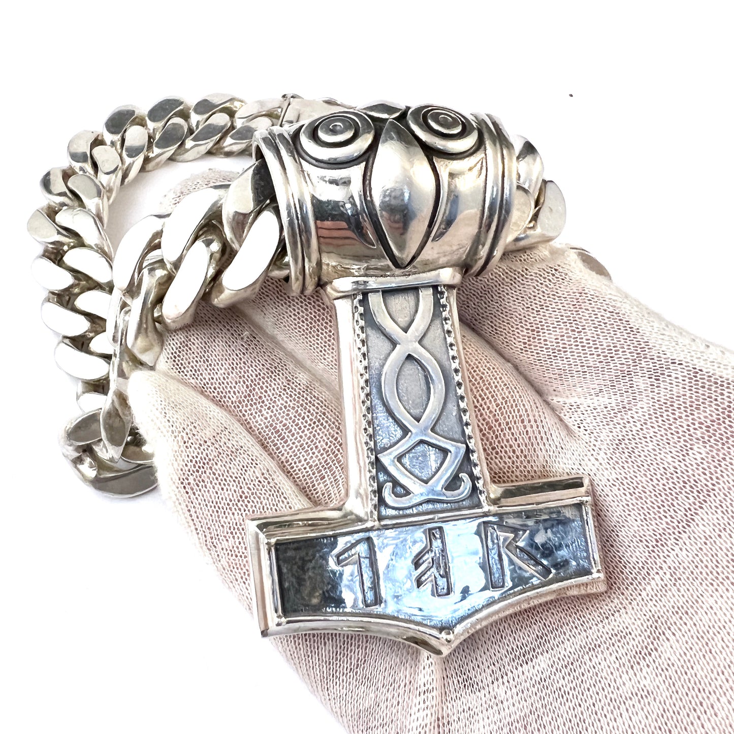 Massive 21oz / 0.6kg Sterling Silver Vintage Viking Copy Thor's Hammer Pendant Necklace.
