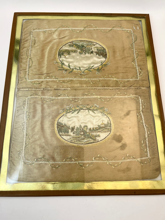 Antique late 1700s Georgian Embroidered Silk Pocketbook Wallet. Framed.