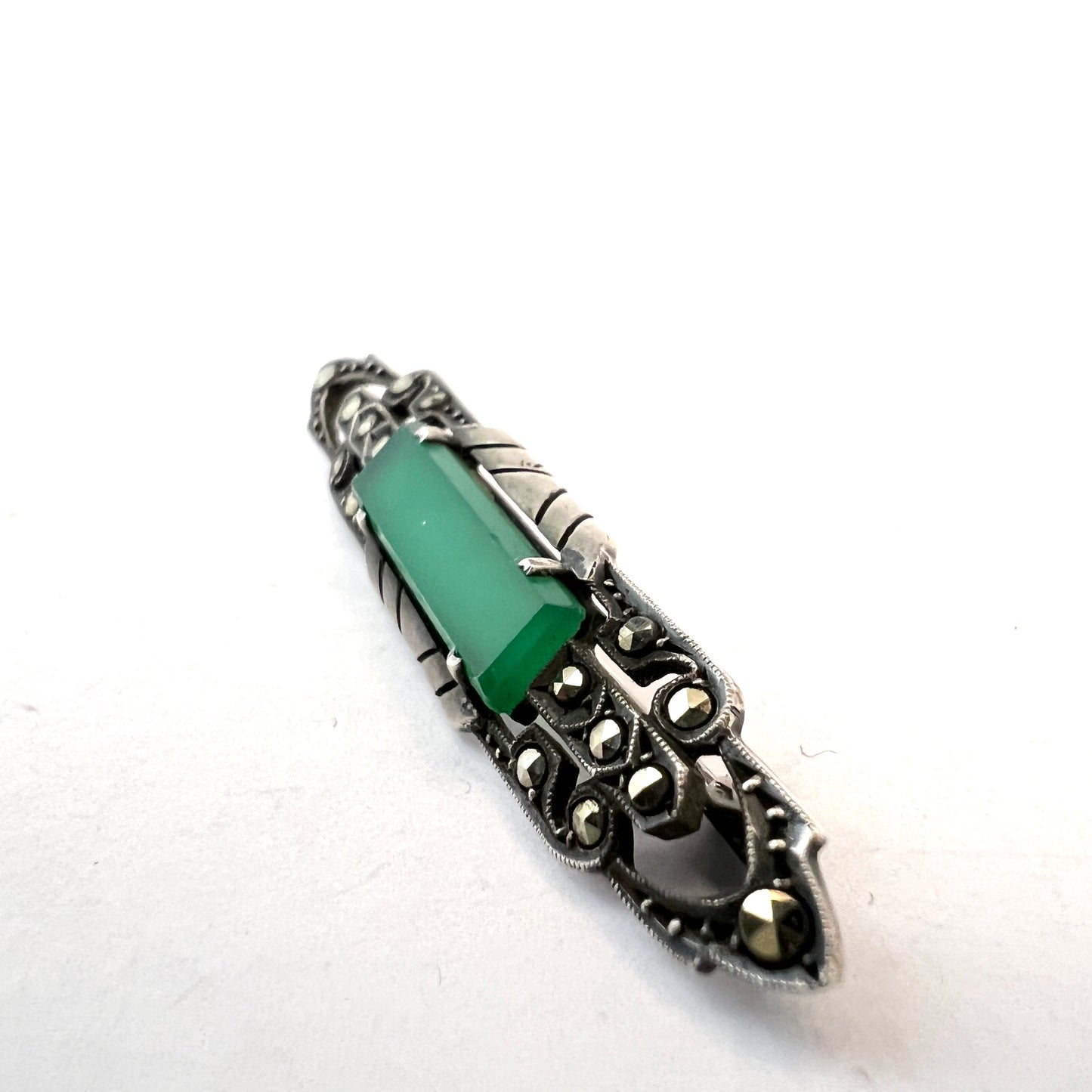 Germany c 1920s. Art Deco 900 Silver Marcasite Chrysoprase Brooch.