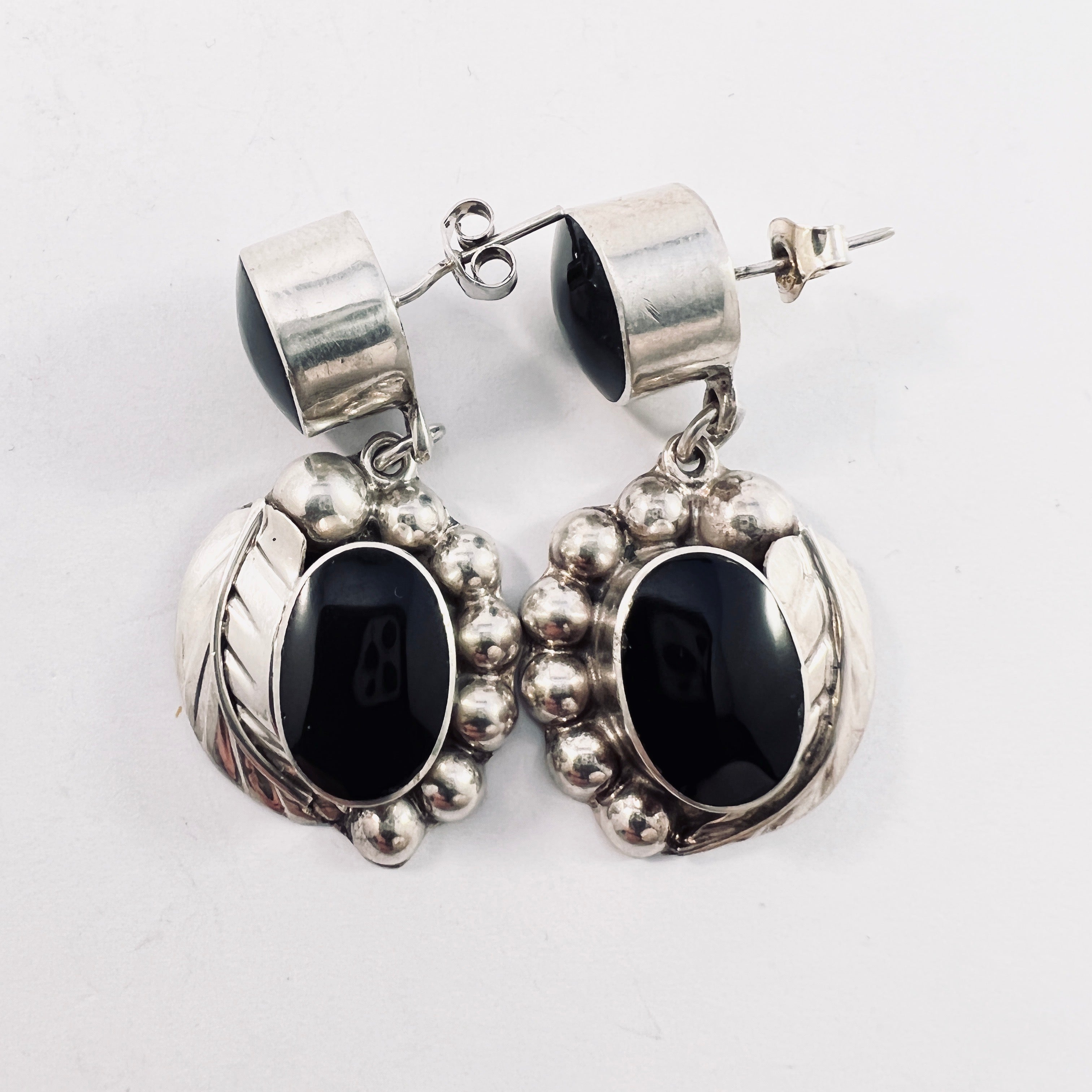 Mexico, Large Vintage Sterling Silver Onyx Earrings.