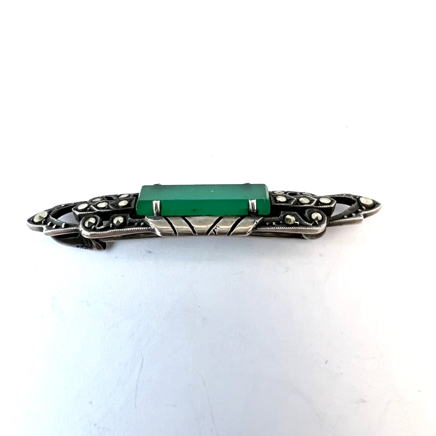 Germany c 1920s. Art Deco 900 Silver Marcasite Chrysoprase Brooch.