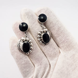 Mexico, Large Vintage Sterling Silver Onyx Earrings.