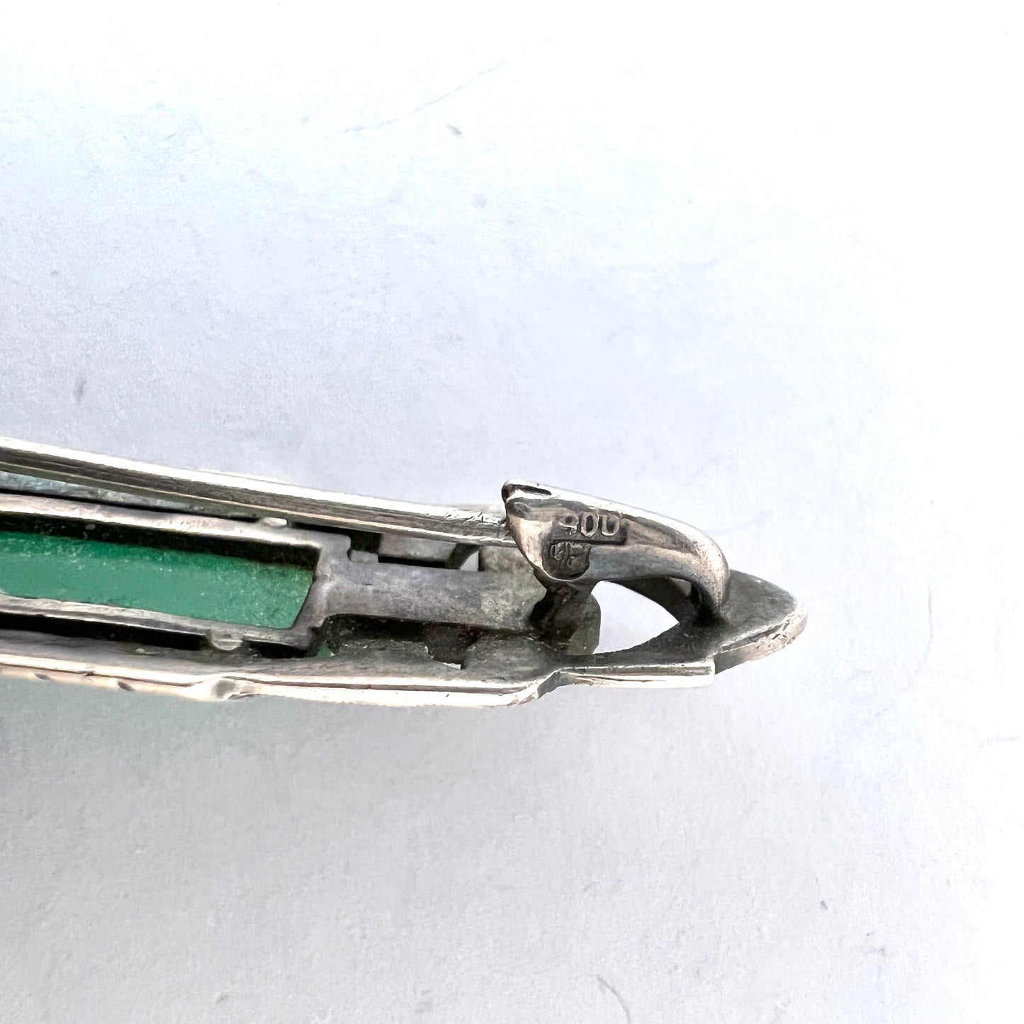 Germany c 1920s. Art Deco 900 Silver Marcasite Chrysoprase Brooch.