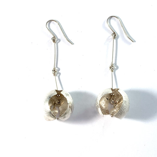 Vintage Large Sterling Silver Cultured Pearl Dangle Earrings. Probably Finland.