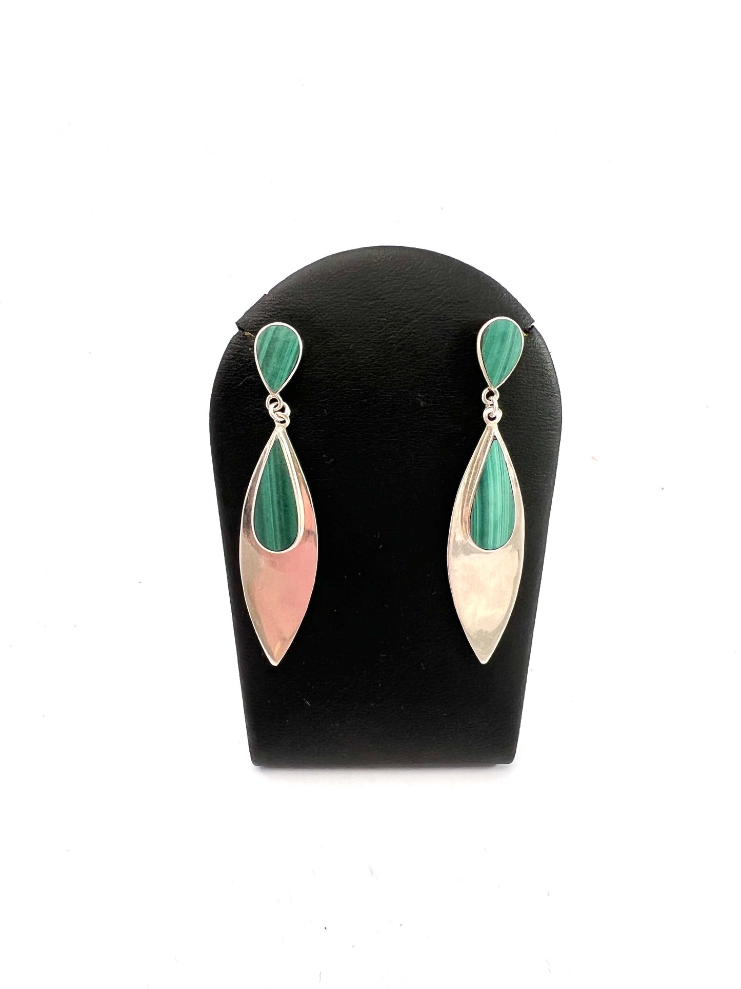 Vintage Sterling Silver Malachite Large Dangle Earrings.