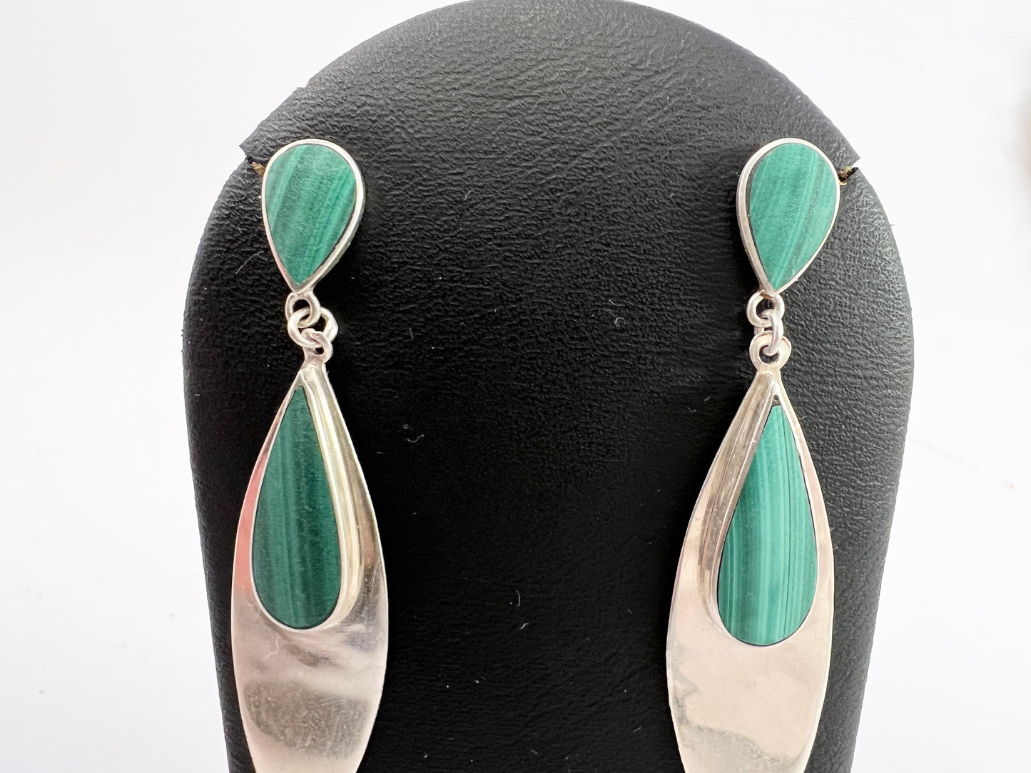 Vintage Sterling Silver Malachite Large Dangle Earrings.