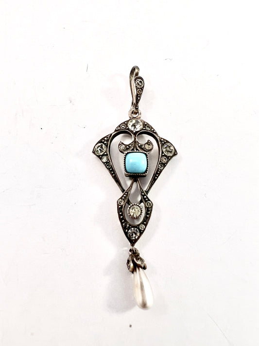 Antique Jugendstil Solid Silver Turquoise Pearl Paste Pendant.