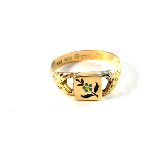 T Brandt, Sweden 1890. Antique 18k Gold Enamel Sealed Compartment Mourning Ring.