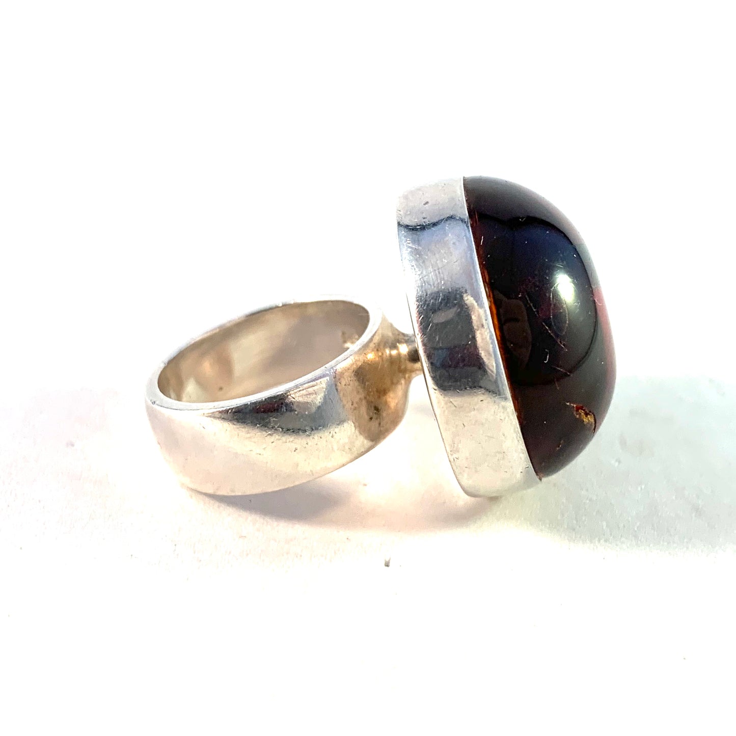 Einer Fehrn, Denmark 1960s Bold Sterling Silver Amber Ring.