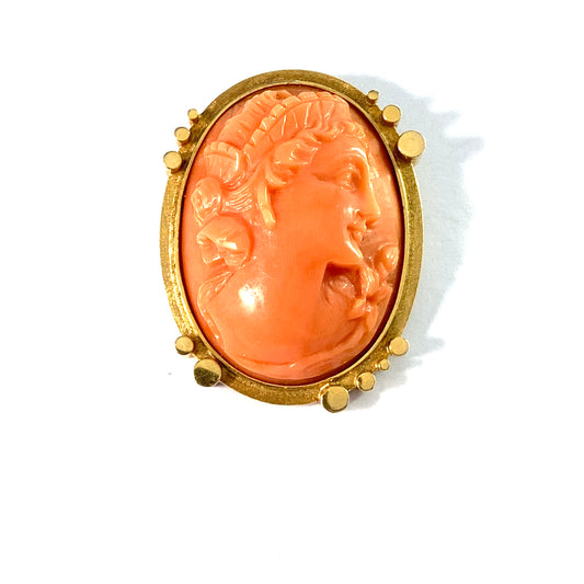 Maker HB, Eastern Mediterranean. Vintage 14k Gold Coral Cameo Pendant.