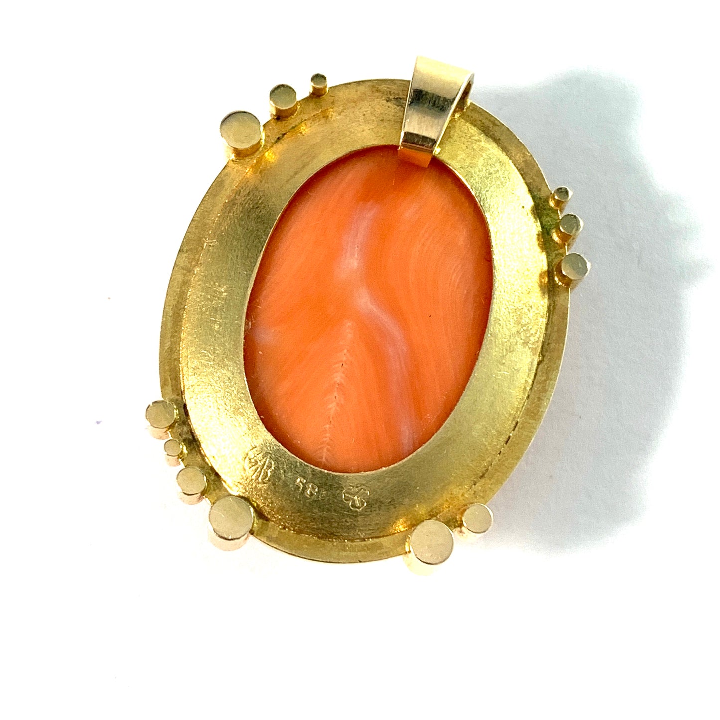 Maker HB, Eastern Mediterranean. Vintage 14k Gold Coral Cameo Pendant.