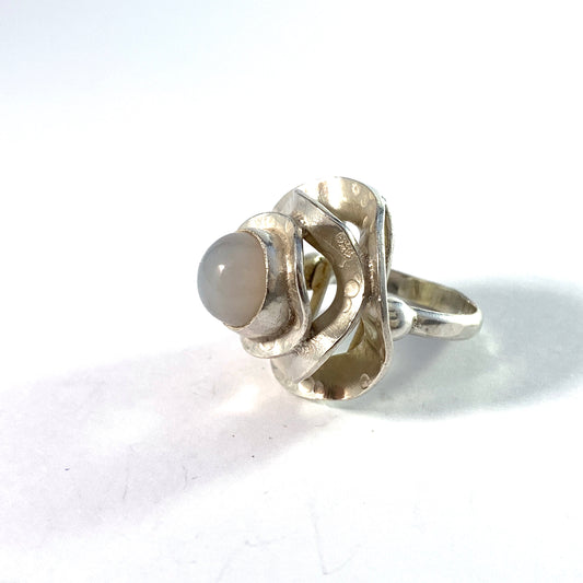 ORNO, Warsaw Poland 1960s Bold Solid Silver Moonstone Ring.