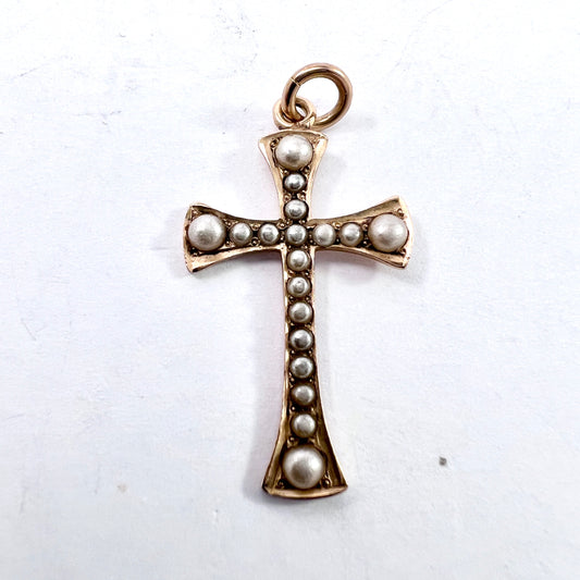 Antique or Old Vintage 10-12k Gold Seed Pearl Cross Pendant.