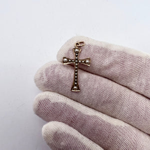 Antique or Old Vintage 10-12k Gold Seed Pearl Cross Pendant.
