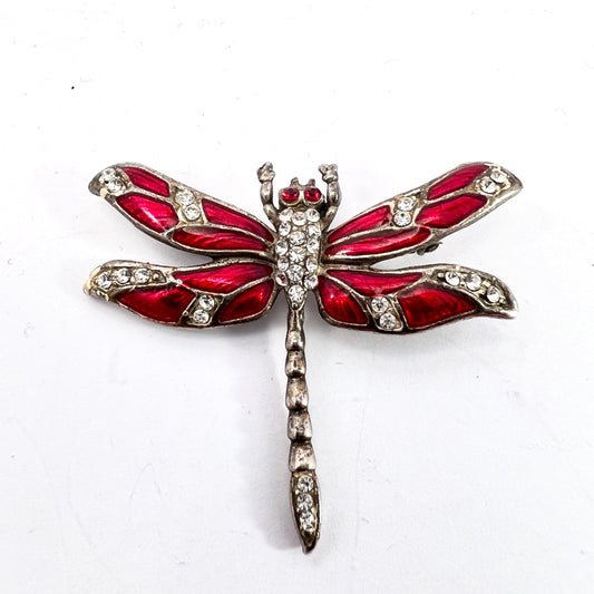 Early 1900s Solid Silver Red Enamel Paste Dragonfly Brooch.