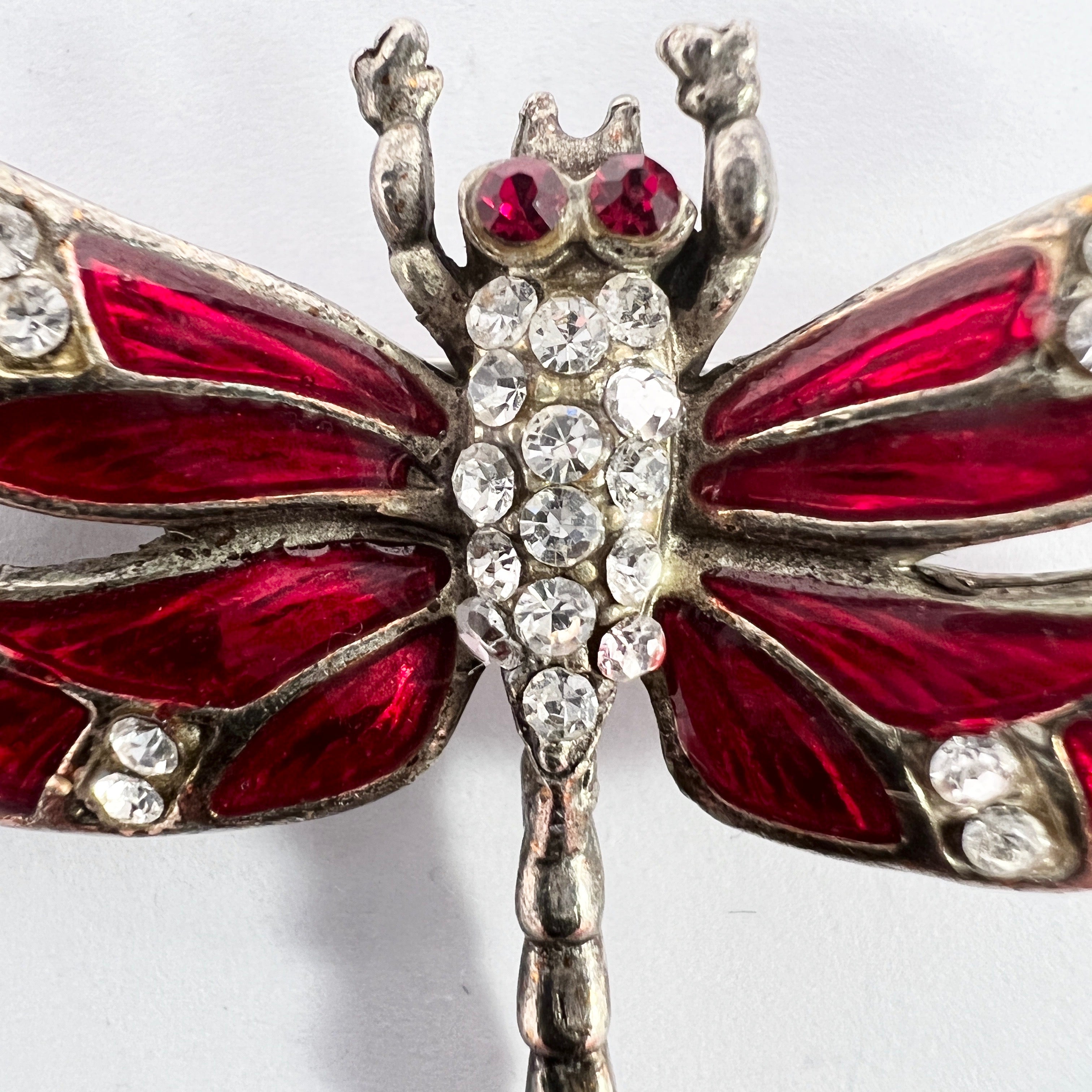 Early 1900s Solid Silver Red Enamel Paste Dragonfly Brooch.