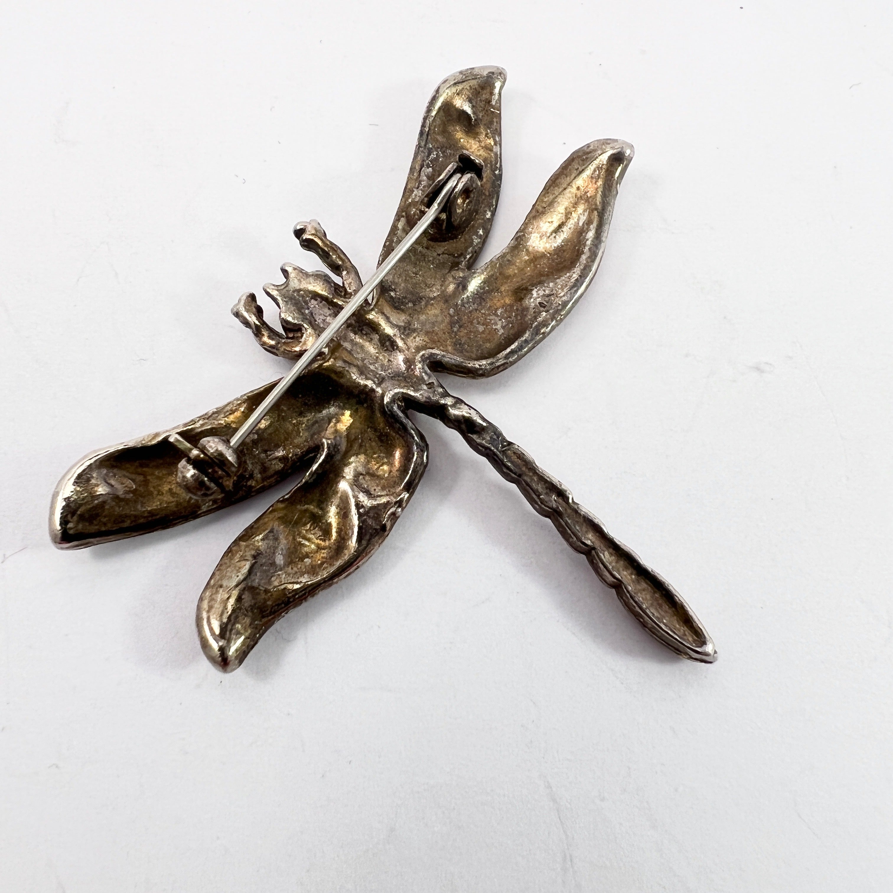 Early 1900s Solid Silver Red Enamel Paste Dragonfly Brooch.