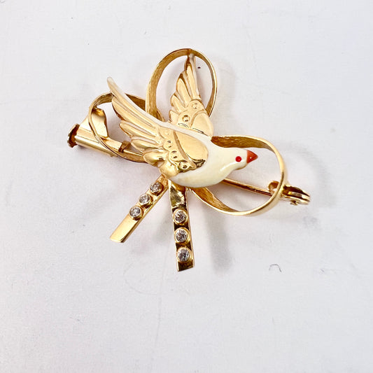 Maker VJ, Vintage 1940s 18k Gold Peace Dove Bird Enamel Brooch.