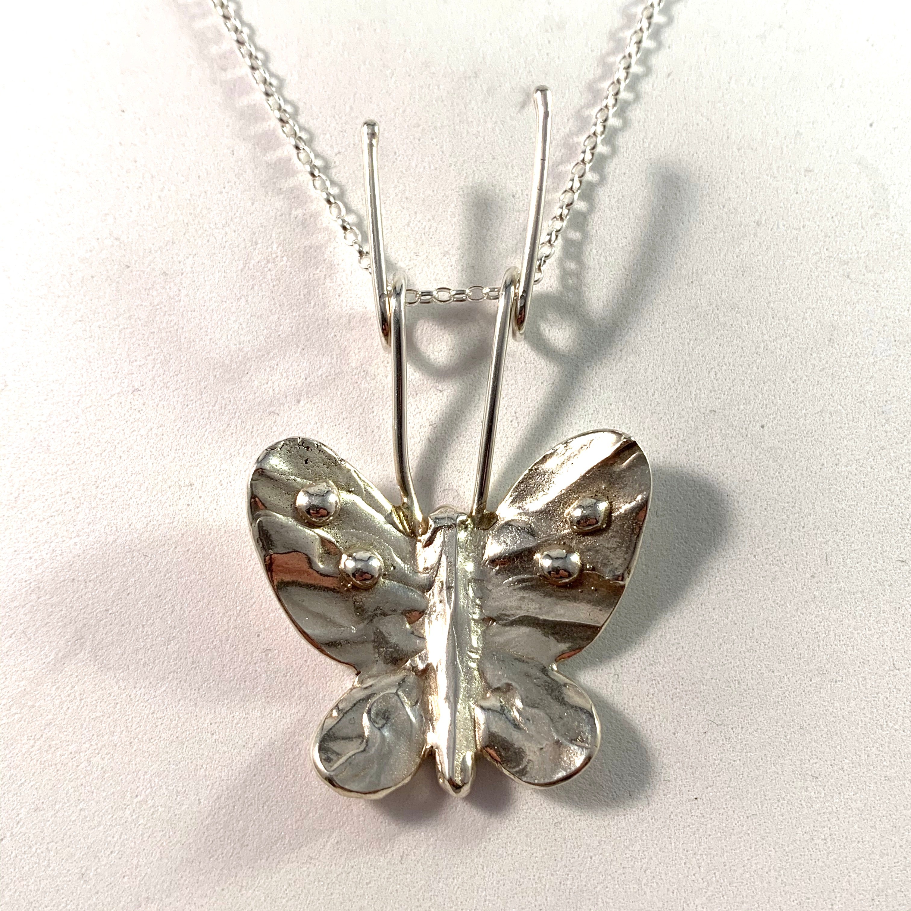 Sweden, Vintage Sterling Silver Large Butterfly Pendant Necklace.