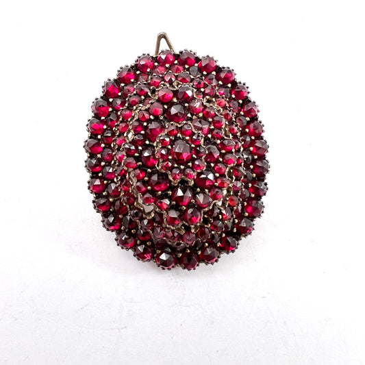 Antique Victorian Bohemian Garnet Locket Brooch Pendant. Gilt Metal.