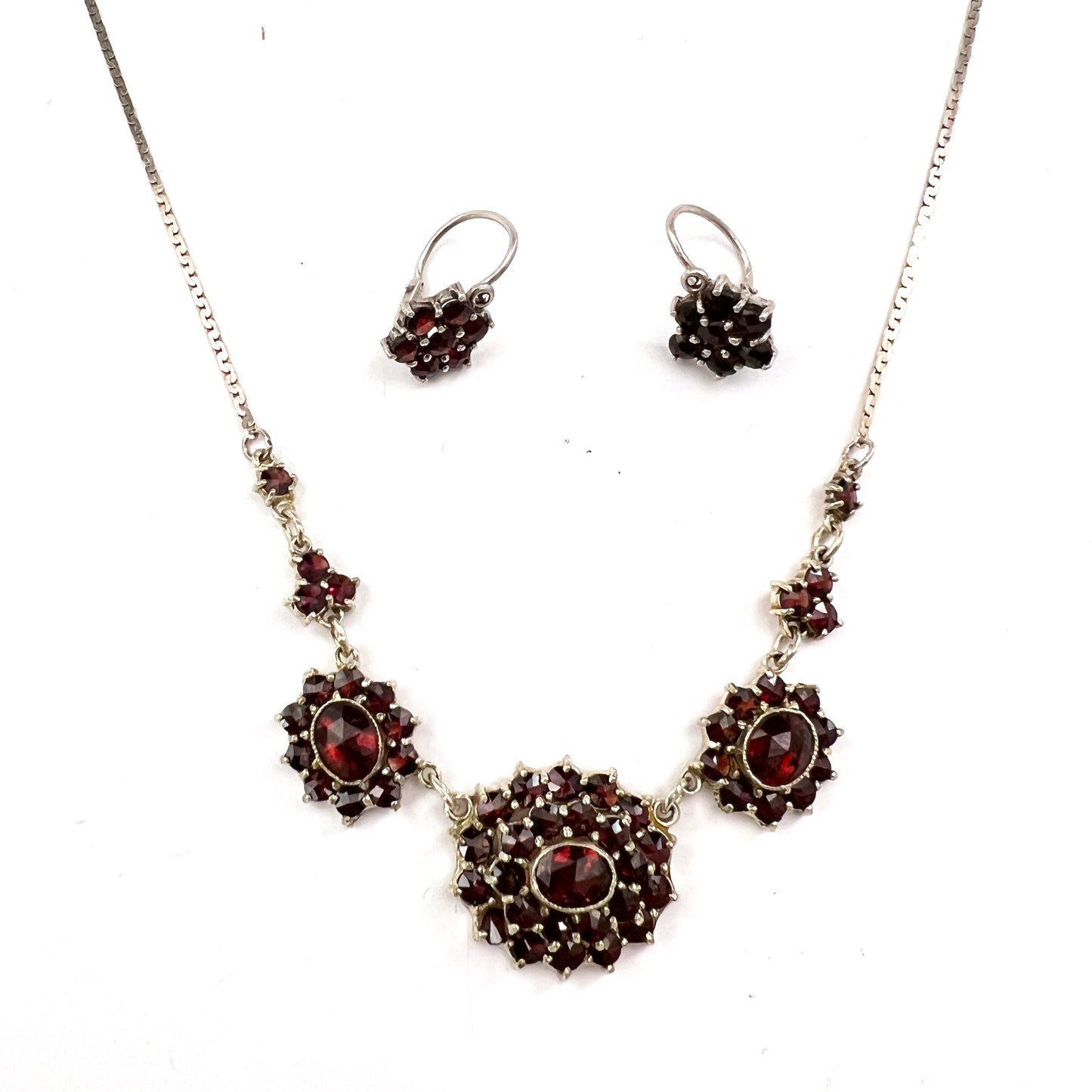 Vintage Mid-century Bohemian Garnet Cluster 835 Silver Necklace Earrings.