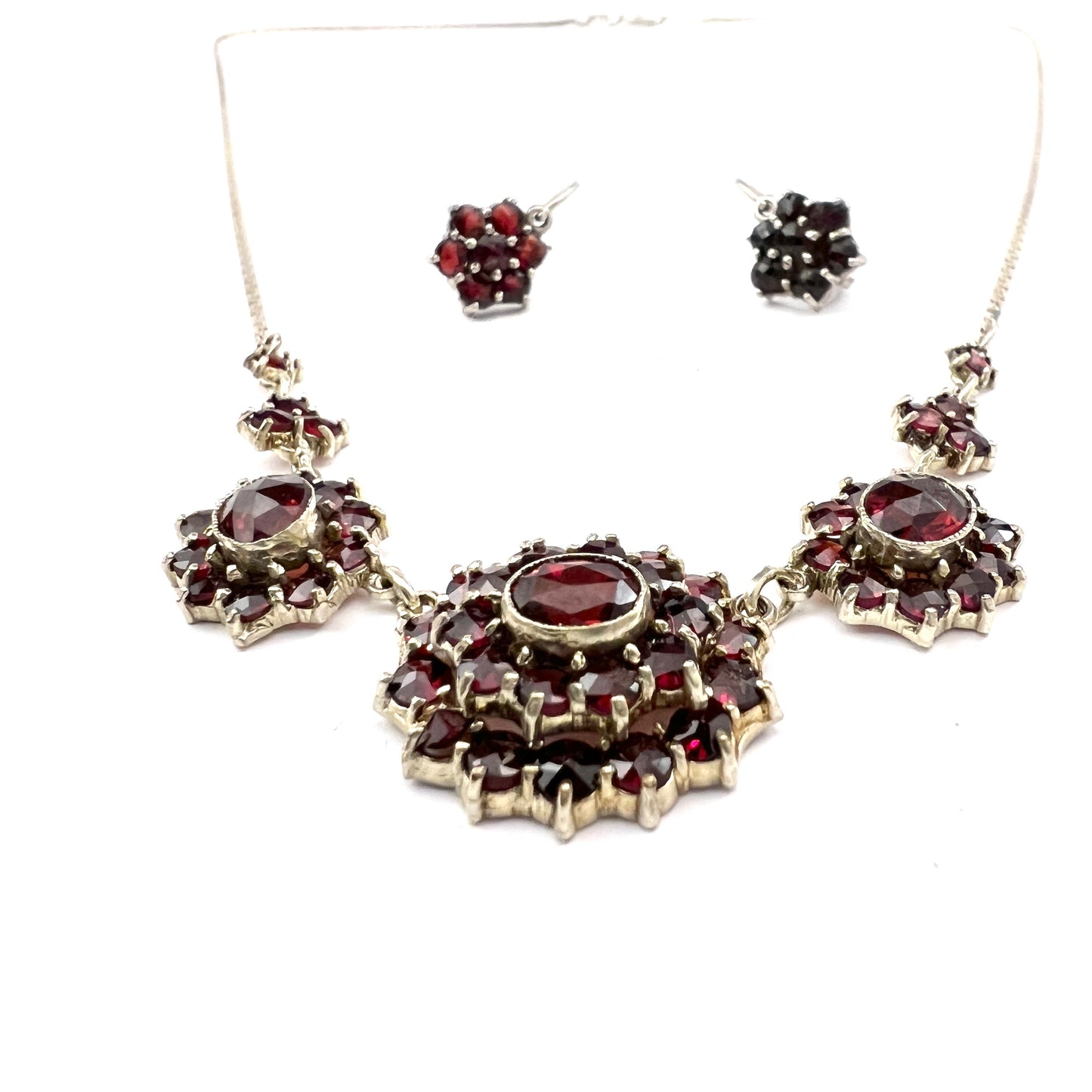 Vintage Mid-century Bohemian Garnet Cluster 835 Silver Necklace Earrings.