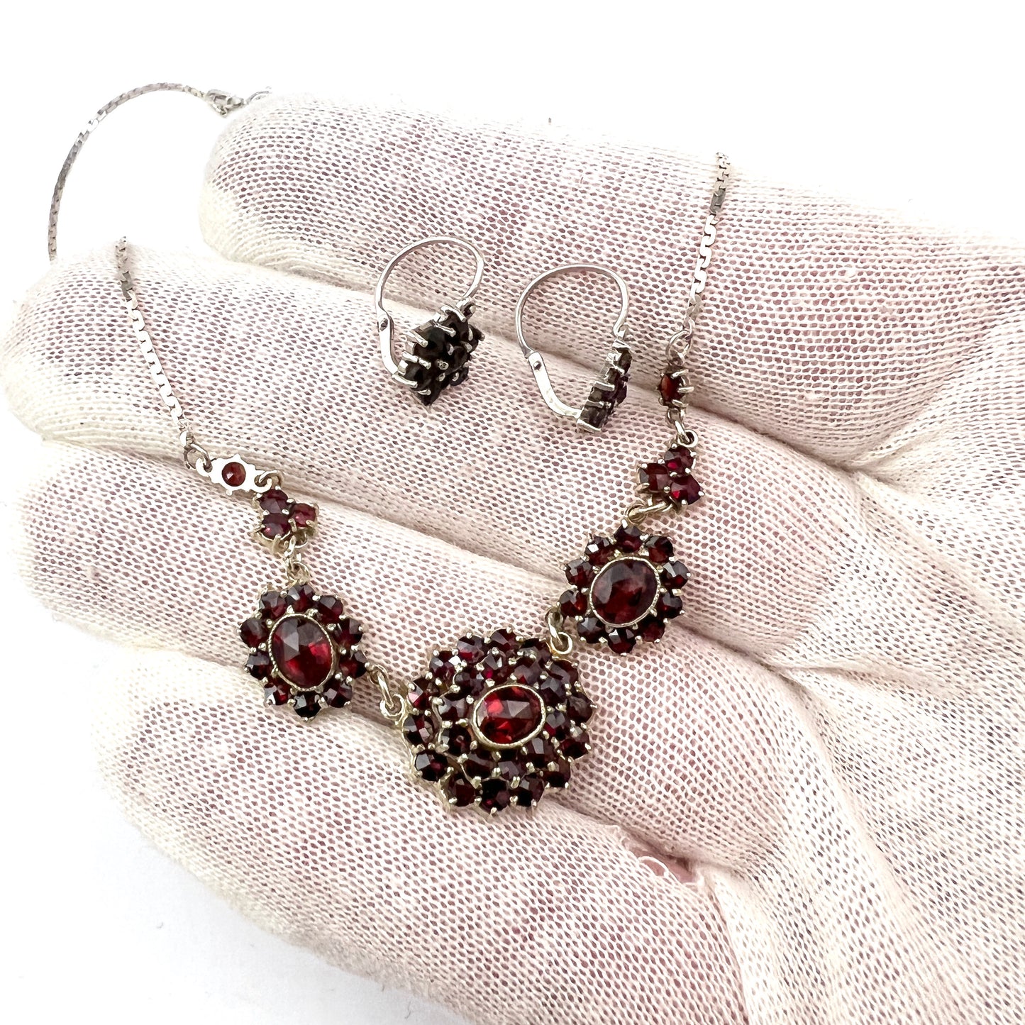 Vintage Mid-century Bohemian Garnet Cluster 835 Silver Necklace Earrings.