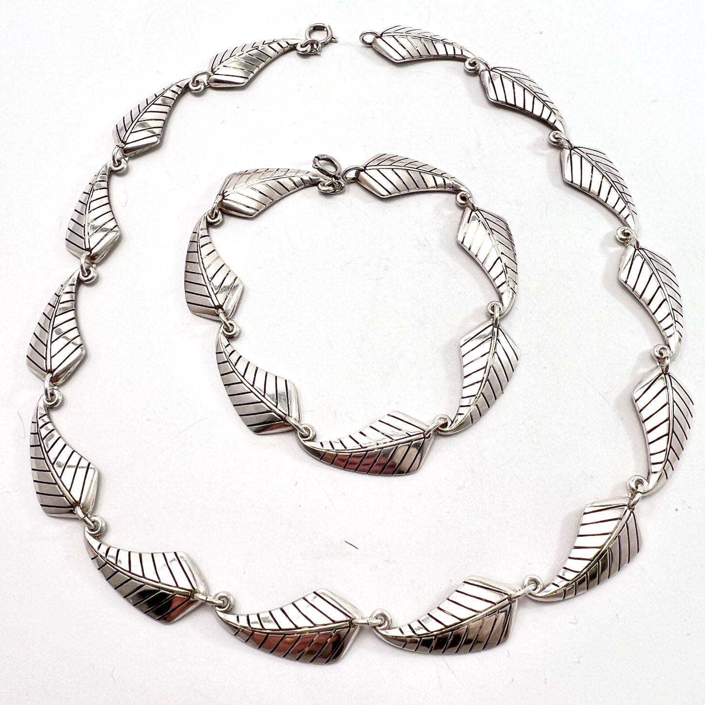 Swedish Import Germany 1960s Solid 835 Silver Leaf Bracelet and Necklace.