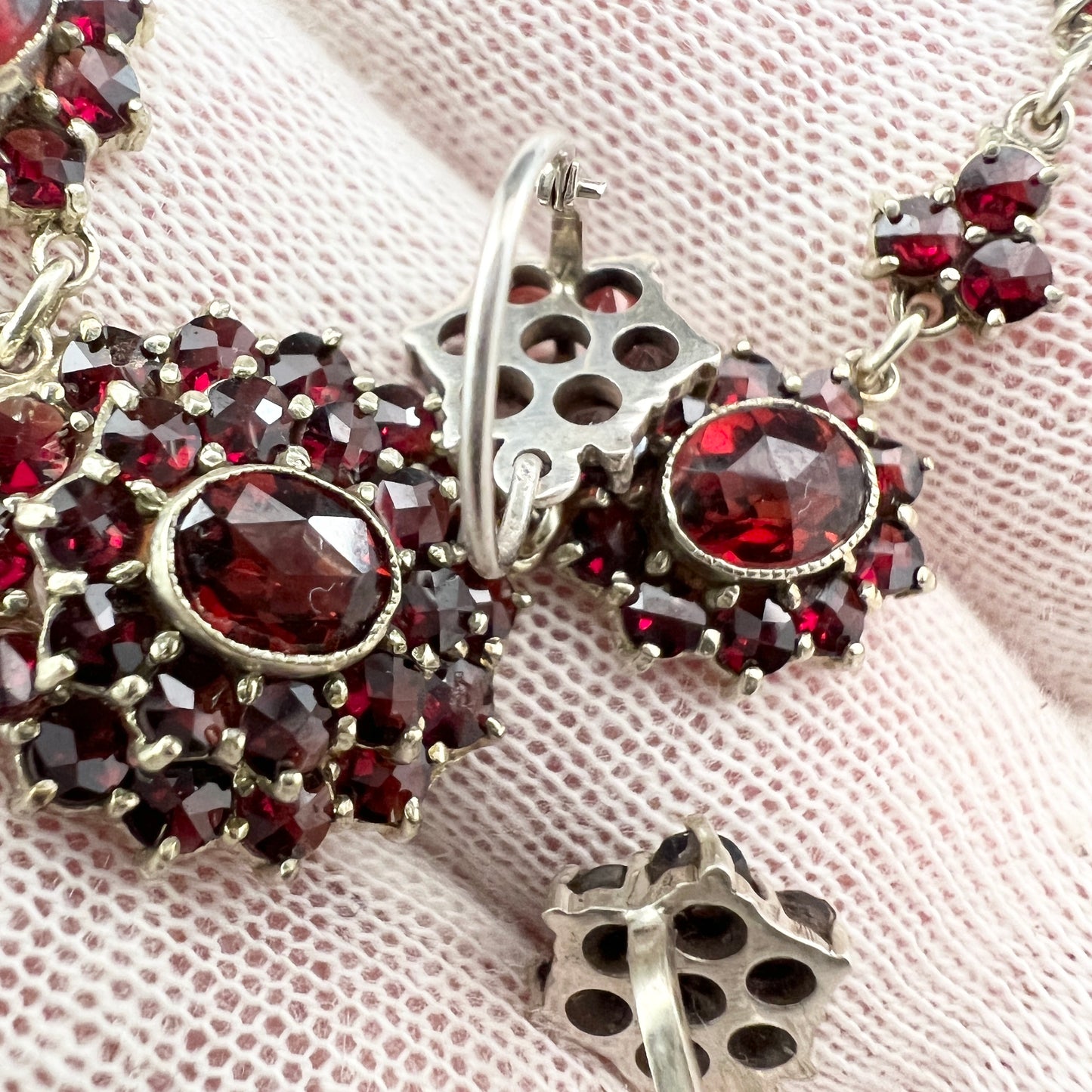 Vintage Mid-century Bohemian Garnet Cluster 835 Silver Necklace Earrings.