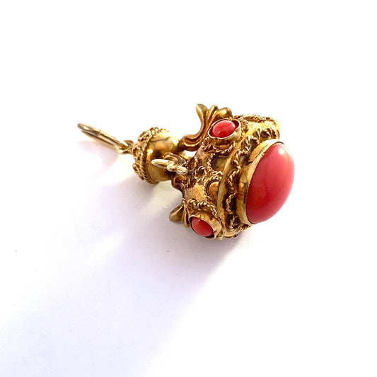 Austria c 1920s. Antique Etruscan Revival 14k Gold Coral Pendant.