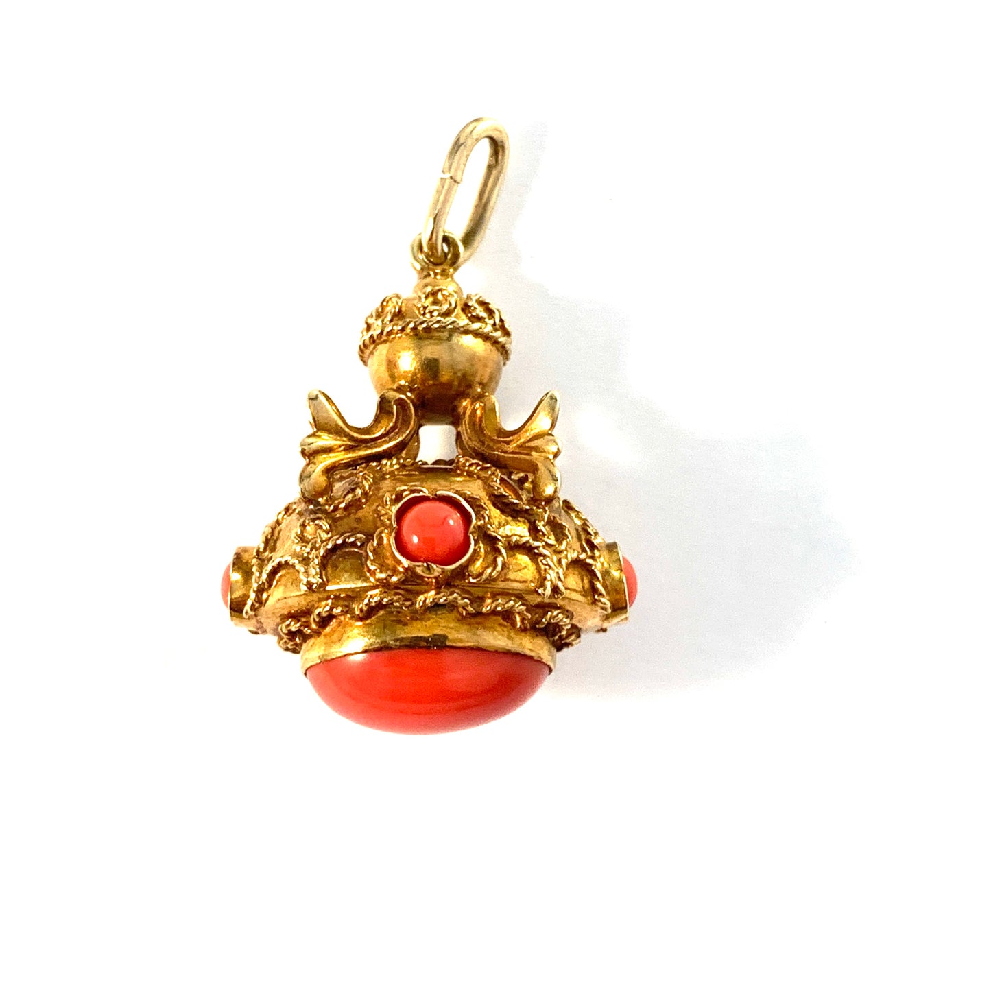 Austria c 1920s. Antique Etruscan Revival 14k Gold Coral Pendant.