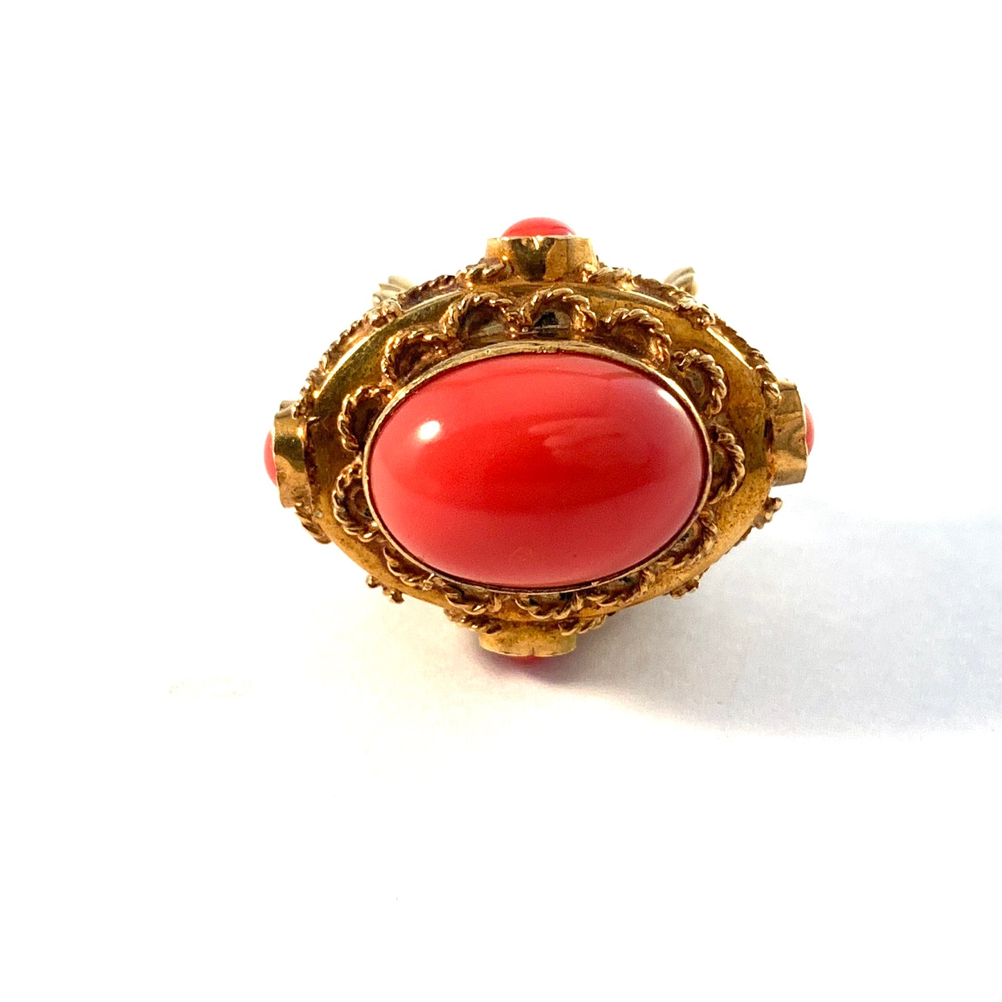 Austria c 1920s. Antique Etruscan Revival 14k Gold Coral Pendant.