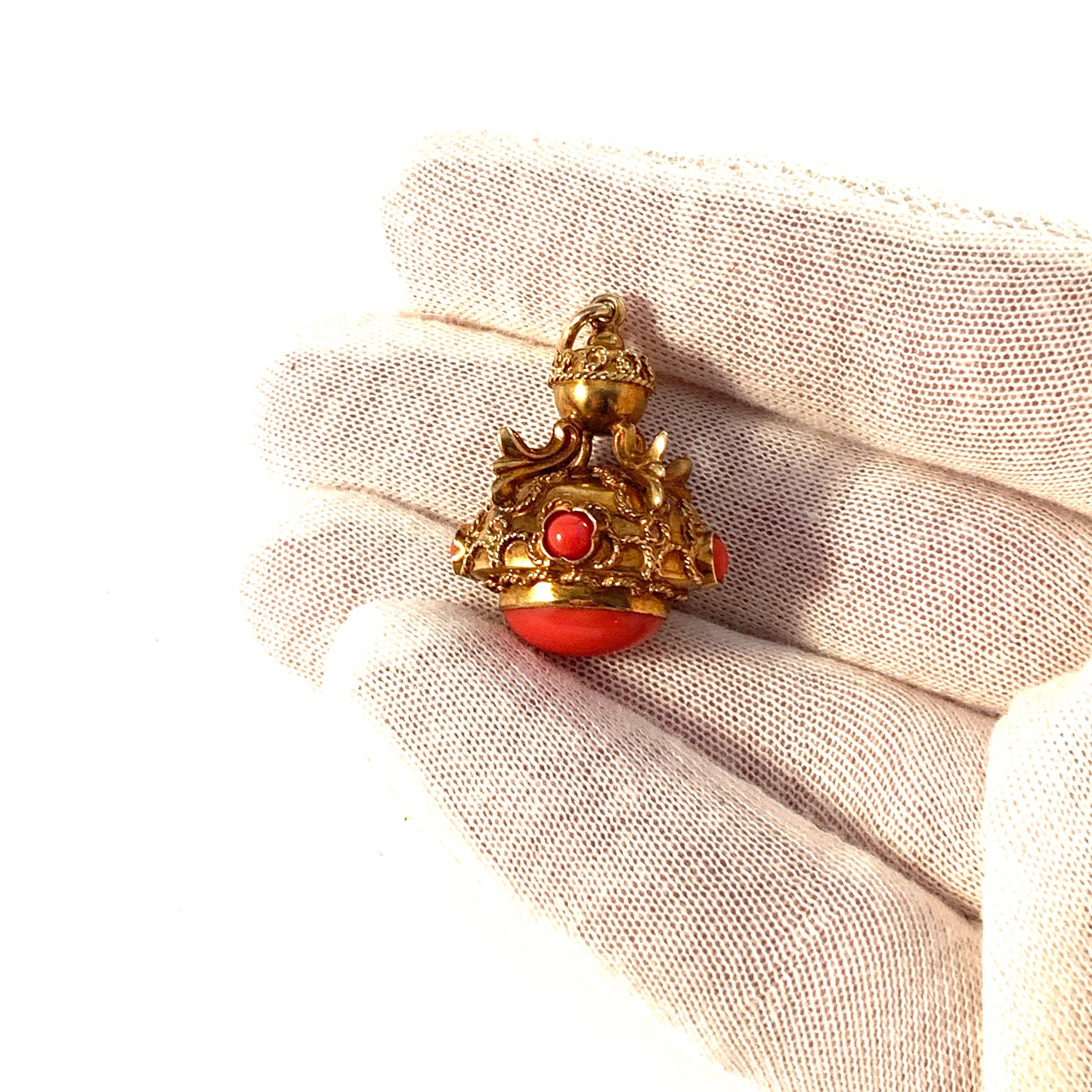 Austria c 1920s. Antique Etruscan Revival 14k Gold Coral Pendant.