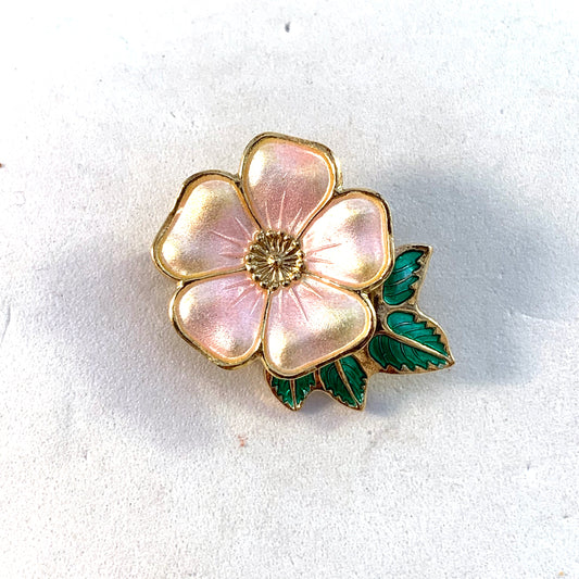 David-Andersen, Norway Vintage Sterling Silver Enamel Sweet Briar Rose Brooch Pin.