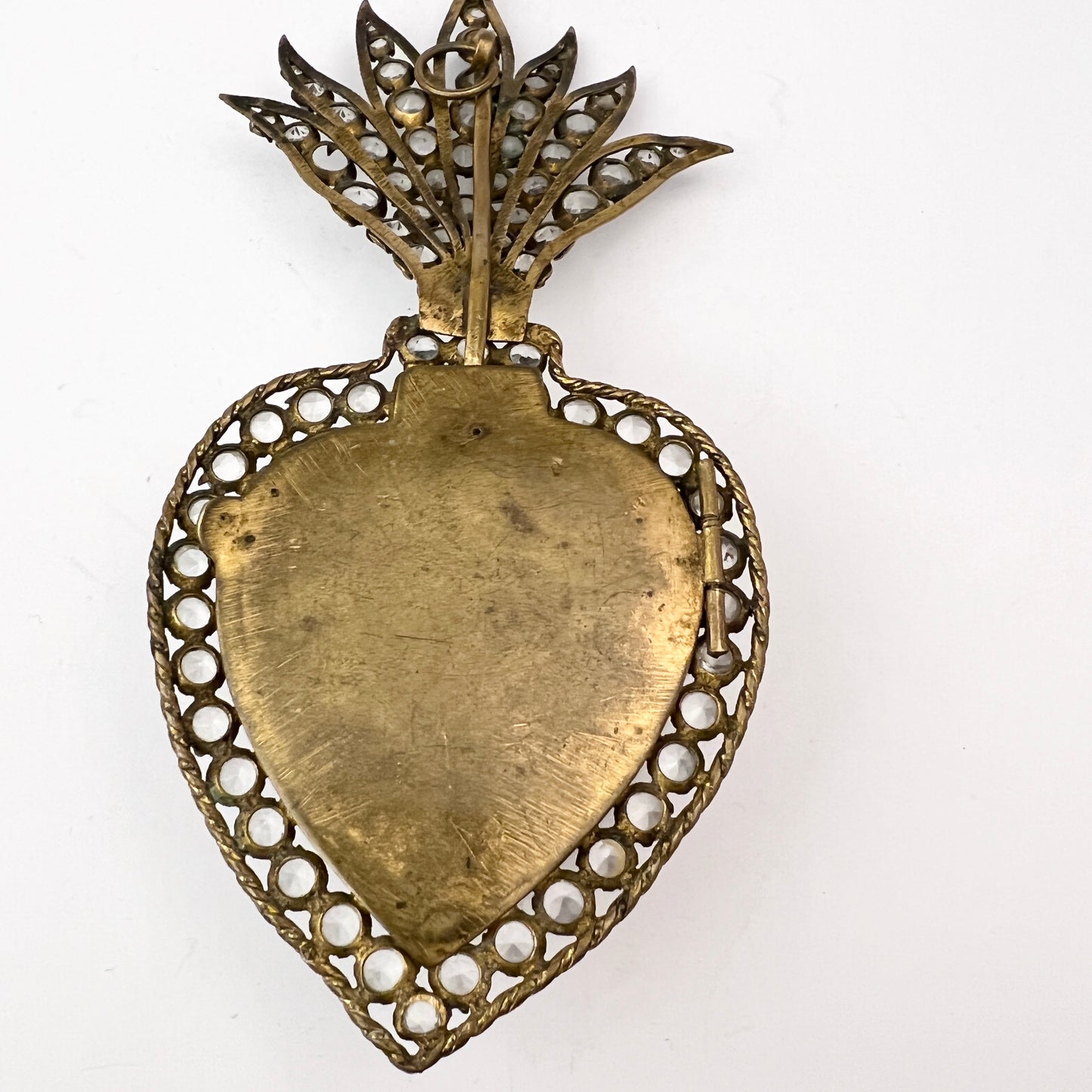 France Antique Very Large Ex-Voto Sacred Heart Catholic Relic Gilt Metal Paste Pendant.