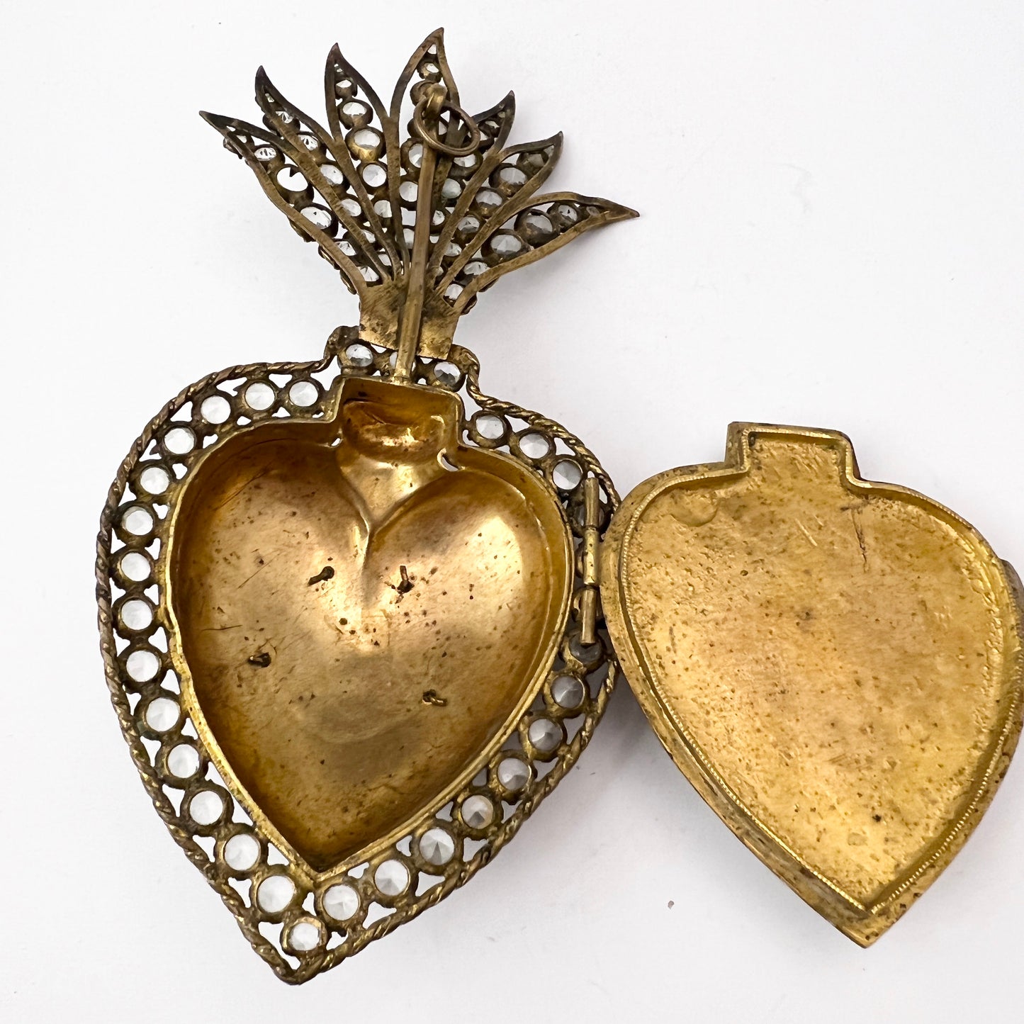 France Antique Very Large Ex-Voto Sacred Heart Catholic Relic Gilt Metal Paste Pendant.