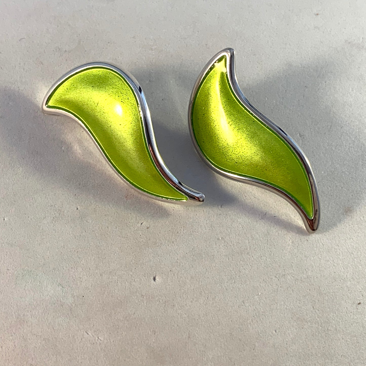 David Andersen, Designer Synnøve Korssjøen, Norway Sterling Silver Lime Green Enamel Large Stud Earrings