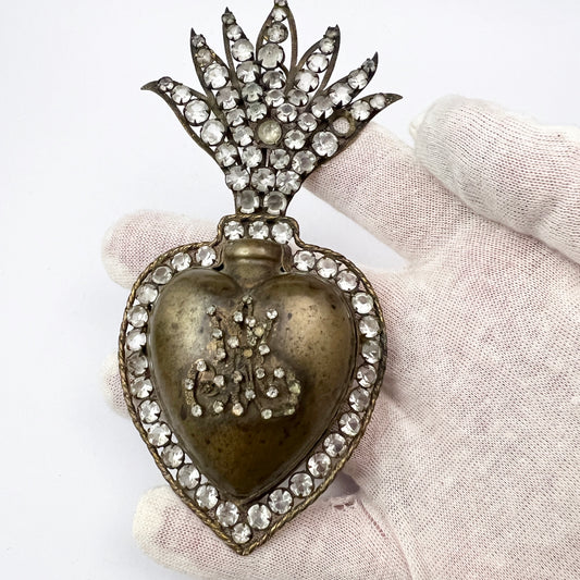 France Antique Very Large Ex-Voto Sacred Heart Catholic Relic Gilt Metal Paste Pendant.