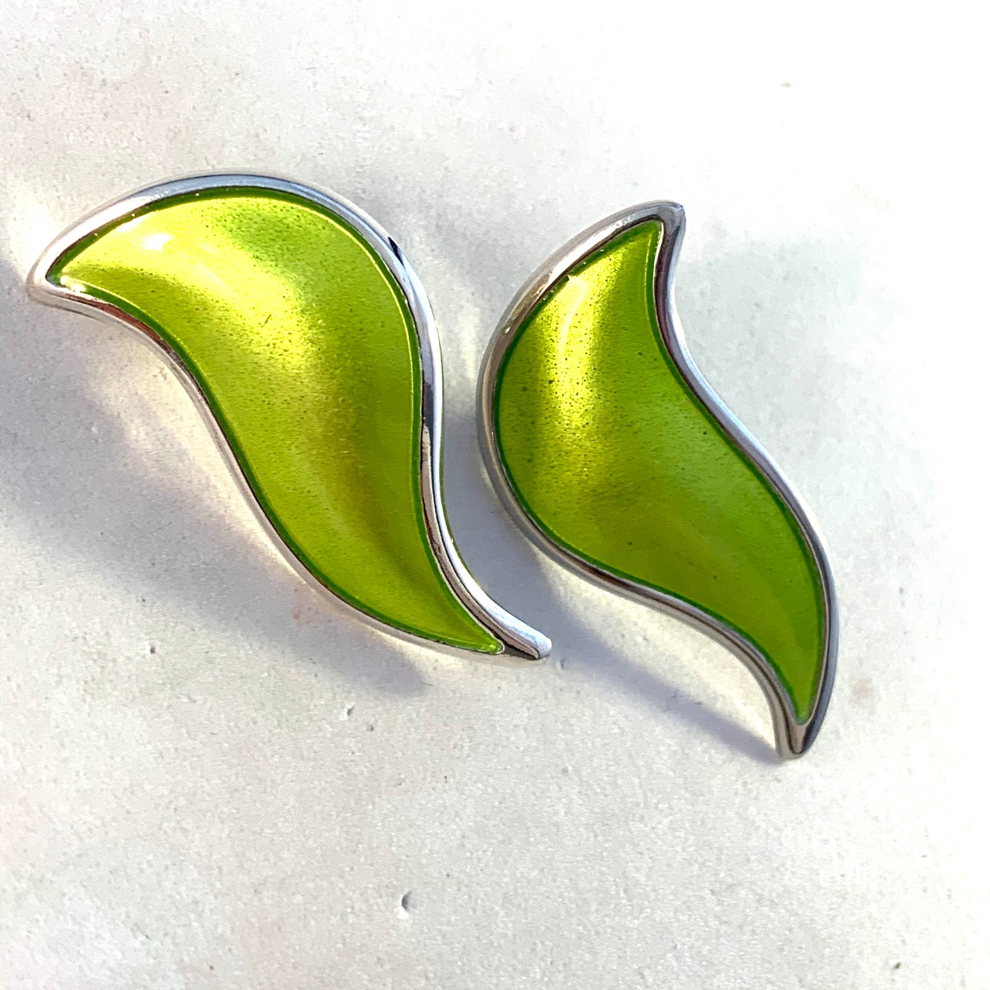 David Andersen, Designer Synnøve Korssjøen, Norway Sterling Silver Lime Green Enamel Large Stud Earrings