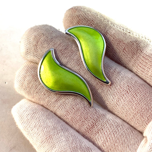 David Andersen, Designer Synnøve Korssjøen, Norway Sterling Silver Lime Green Enamel Large Stud Earrings