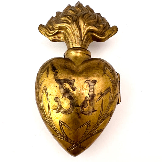France Antique Large Ex-Voto Sacred Heart Catholic Relic Gilt Metal Pendant.
