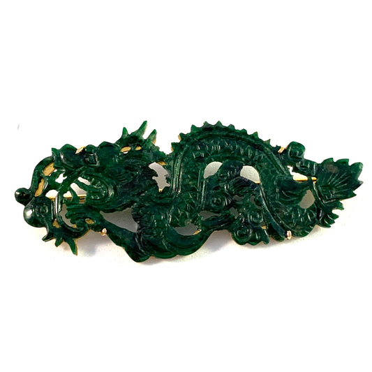 Vintage Chinese 14k Gold Carved Jade Dragon Brooch.