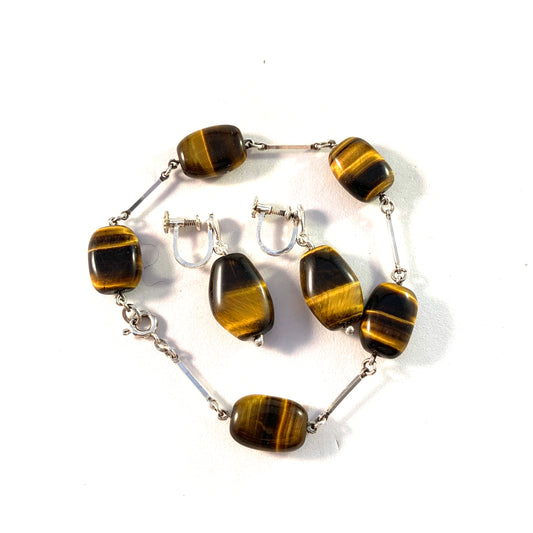 Victor Janson, Sweden. Vintage mid Century Solid Silver Tiger Eye Earrings and Bracelet.