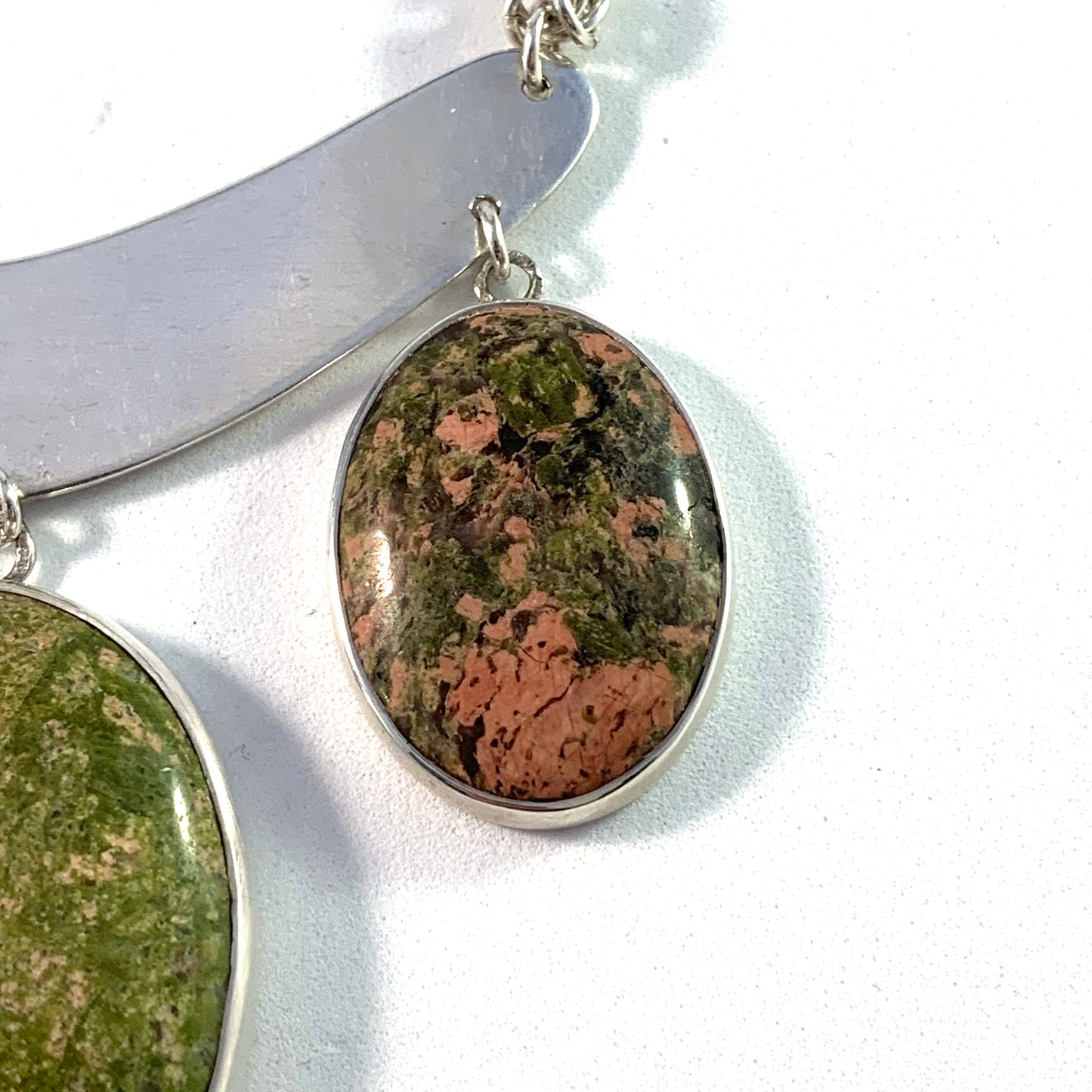 Sweden Vintage Massive Sterling Silver Green Red Rock Stone Necklace.