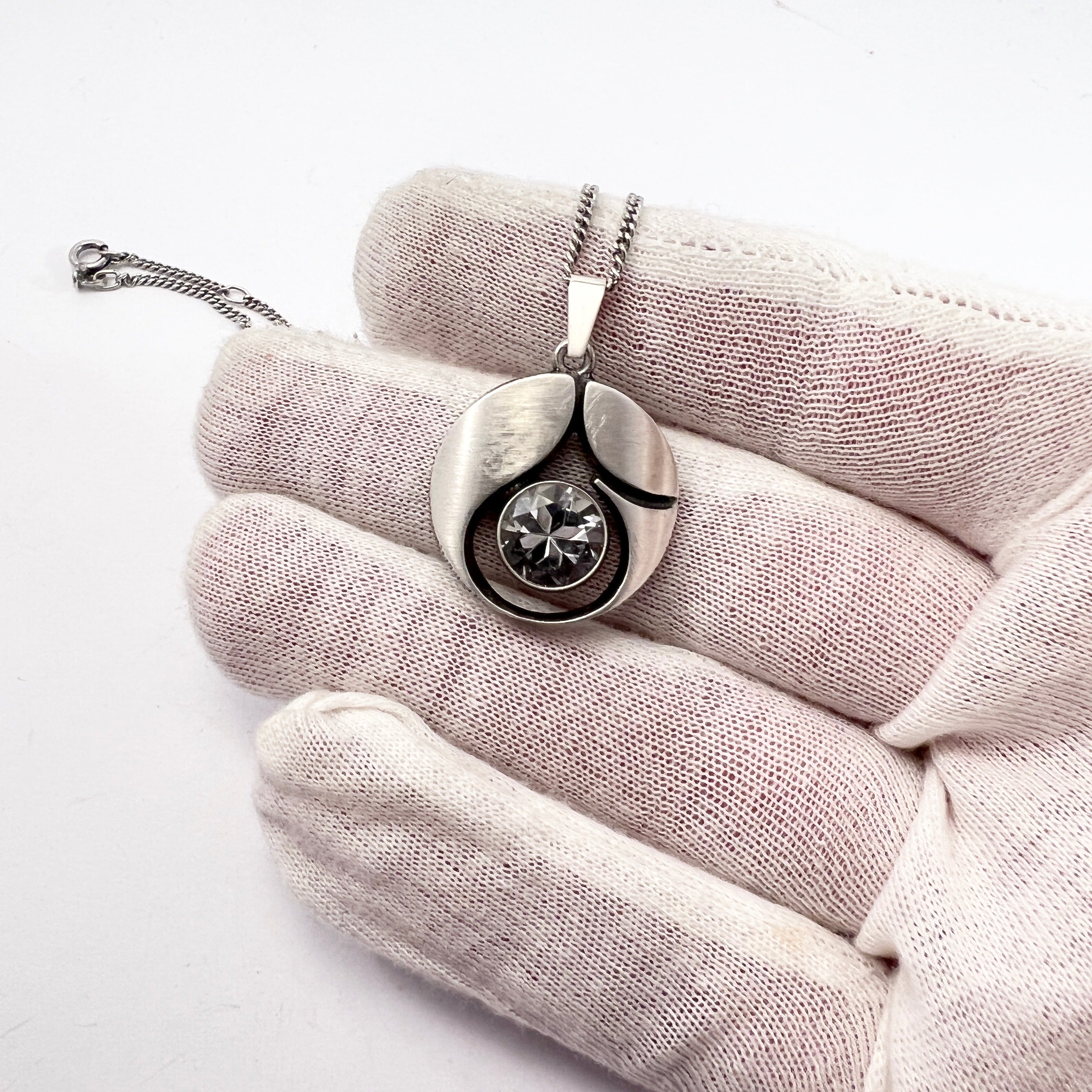 Karl Laine for Finn Feelings, Finland Vintage Sterling Silver Rock Crystal Pendant Necklace.